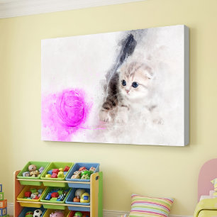 Toile Chaton jouant avec une boule de laine rose à l'aqu