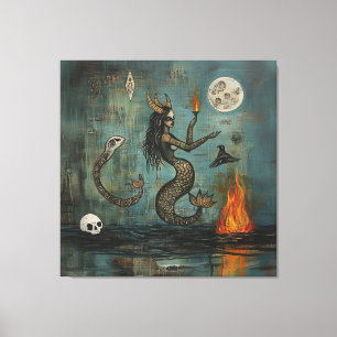 Toile Chauve-sirène à cornes Lune Occult Dark Witchk AI