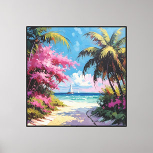 Toile Chemin de plage tropical avec palmiers et voiliers