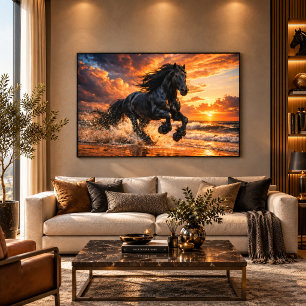 Toile Cheval Frison Noir au Coucher du Soleil, Course Pu