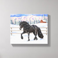 Cheval Noir Friésien En Neige