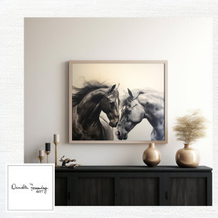 Toile Chevaux blancs noirs monochromes   Grande peinture