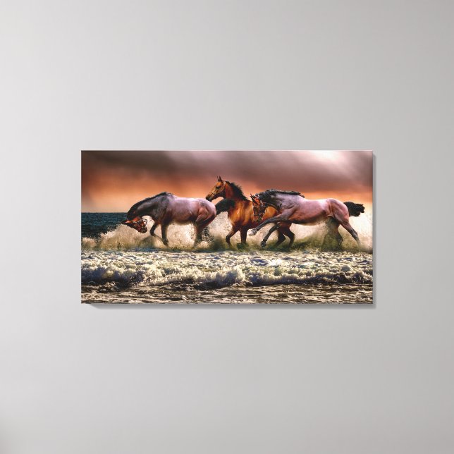 Toile Chevaux courir dans le Surf océanique au coucher d (Recto)