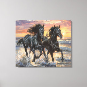 Toile Chevaux sauvages sur une plage au coucher du solei