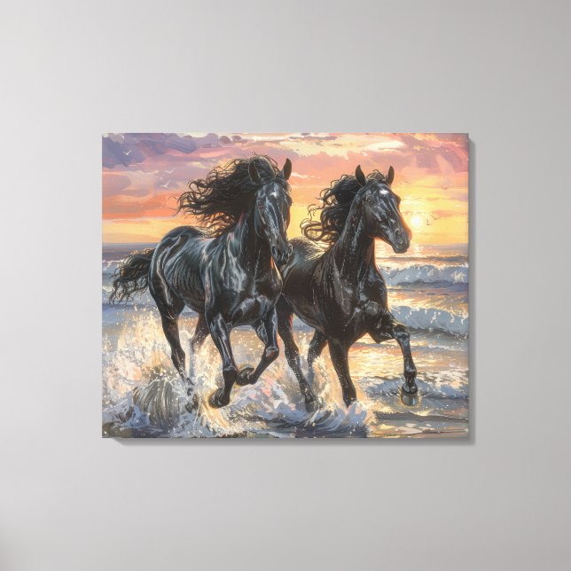 Toile Chevaux sauvages sur une plage au coucher du solei (Recto)