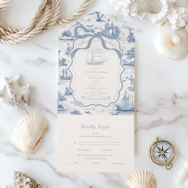 Toile Chic Nautical Bow Wedding All In One Einladung (Von Creator hochgeladen)