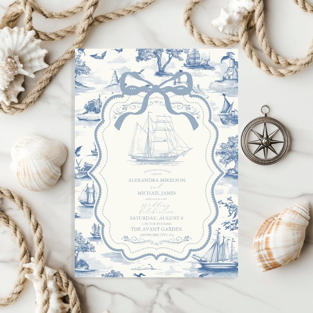 Toile Chic Nautical Bow Wedding Einladung (Von Creator hochgeladen)