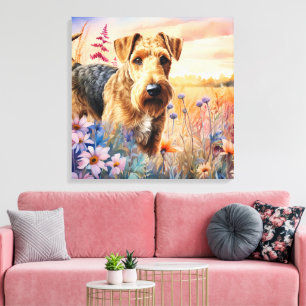 Toile Chien Airedale Terrier dans une prairie de fleurs 
