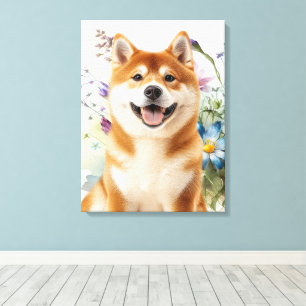 Toile Chien Akita Shiba Inu avec des fleurs aquarelles b