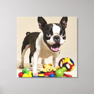 Toile Chien Boston Terrier Jouant avec des Jouets