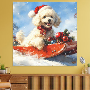 Toile Chien Caniche en Luge Laissez Tomber la Neige Noël