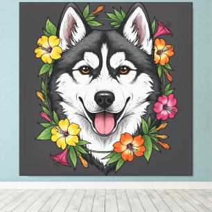 Toile Chien de Traîneau Husky Et Fleurs Colorées de Mira