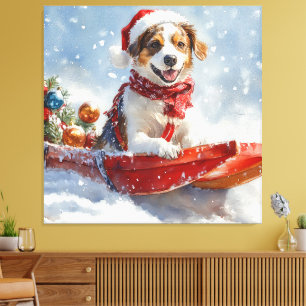 Toile Chien Épagneul Breton en traîneau de Noël