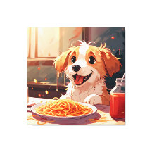 Chien mangeant spaghetti