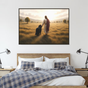 Toile Chien Terre-Neuve marchant avec Jésus