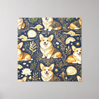 Toile Chiens Corgi Élégants Motif Damassé Or Bleu Nuit 