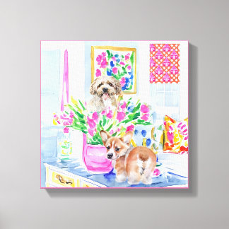 Toile Chiens et tas de tulipes à l'intérieur des préppy