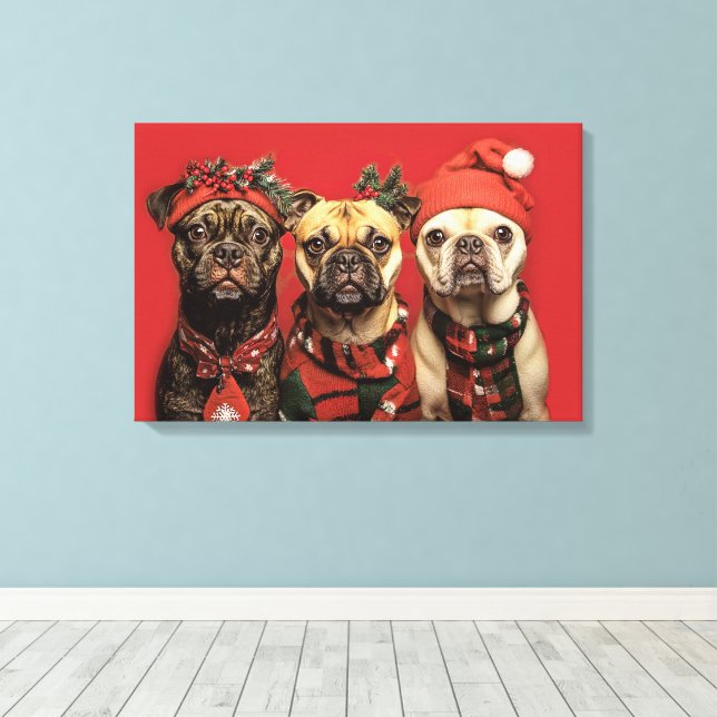 Toile Chiens mignons fêtant Noël (Insitu (Plancher de Bois))