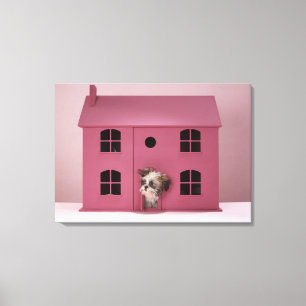 Toile Chiot scrutant hors de la maison de poupée