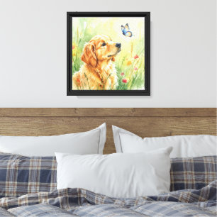 Toile Chiots Retriever doré & Papillon Art à l'aquarelle