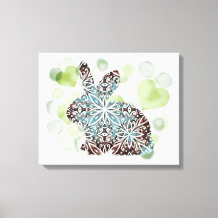 Toile Chocolat Brown et Blues Mandala Bunny + Coeurs