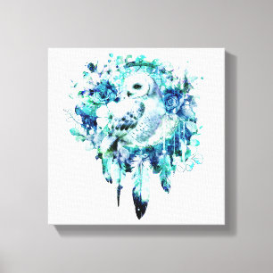 Toile Chouette à neige Dreamcatcher Vert et bleu Turquoi