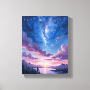 Toile Ciel de Nuit   Aquarelle Violette de Lac Étoilé