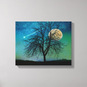 Toile Ciel opalescent, arbre, lune de récolte, étoile