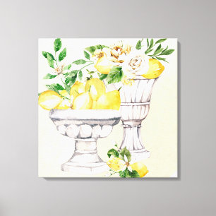 Toile Citron et fleurs en aquarelle
