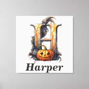 Toile Citrouille Halloween Nom Lettre H Floral Monogramm