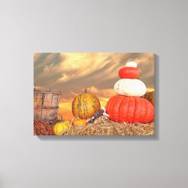 Toile citrouilles d'automne sur balais de foin avec ciel (Recto)