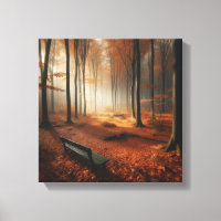 Clairière d'automne doré avec banc et forêt