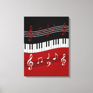 Toile Clés et notes de piano noir rouge élégant