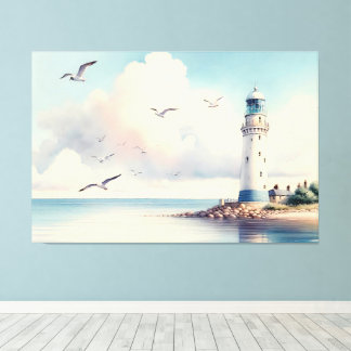 Toile Coastal Lighthouse Seagulls Pastel Sky Serenity