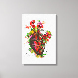 Toile Coeur anatomique avec des fleurs, coeur floral