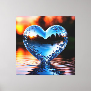 Toile Coeur bleu réfléchi dans l'eau au coucher du solei