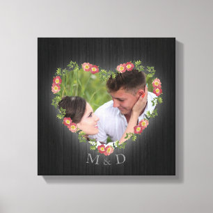 Toile Cœur floral en bois rustique avec photo personnali