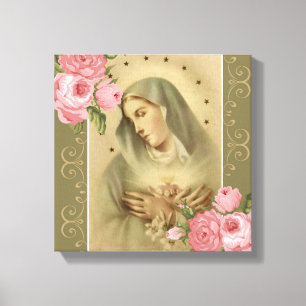Toile "Coeur immaculé de Marie Rose Roses Lys Étoiles