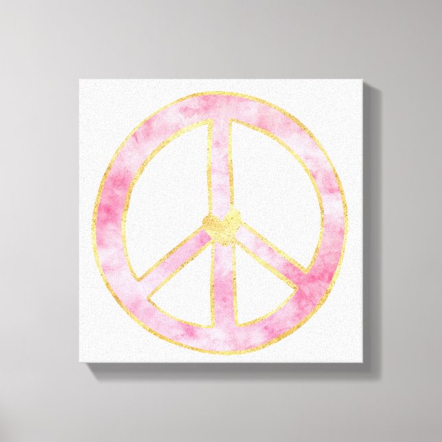 Toile Coeur rose de signe de paix d'or d'aquarelle (Recto)