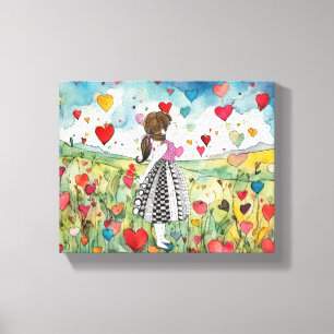 Toile Coeurs aquarelle et petite fille