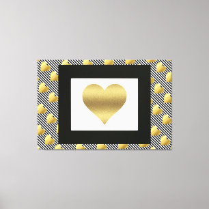 Toile Coeurs d'or et rayures noires