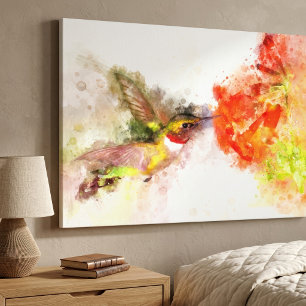 Toile Colibri à l'aquarelle se nourrissant d'une fleur v