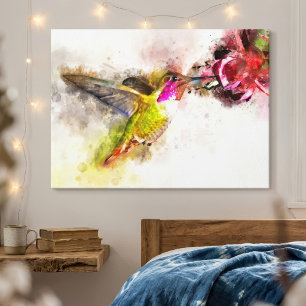 Toile Colibri se nourrissant sur une fleur rose Aquarell