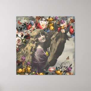 Toile Collage floral Victorian Girl & Black Horse