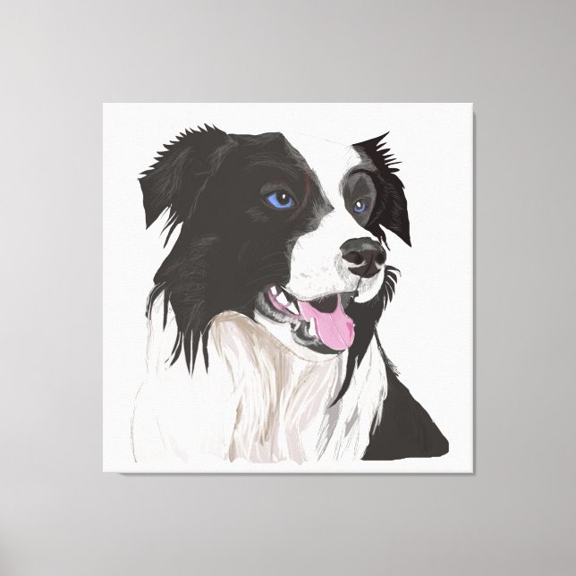 Toile Collie noir et blanc avec Portrait des yeux bleus. (Recto)
