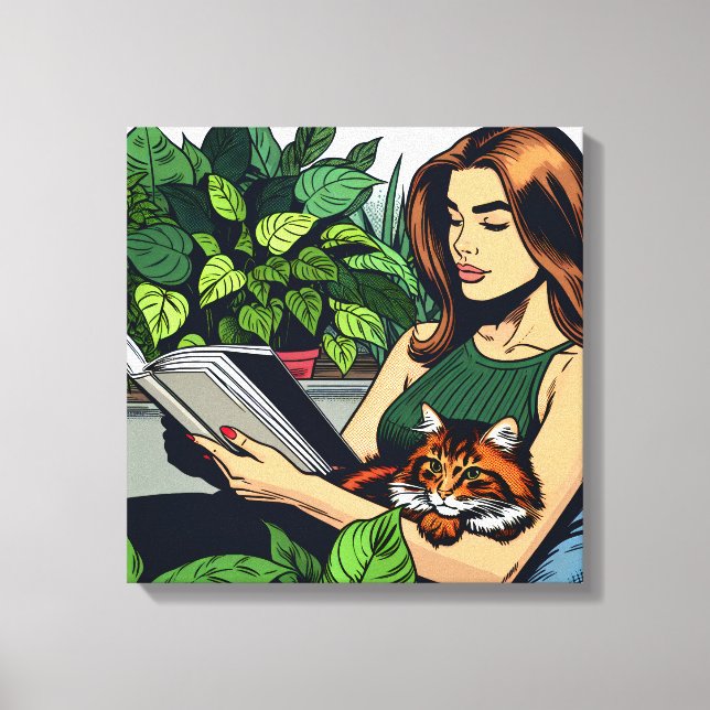 Toile Comédie Style femme, chat et livre (Recto)