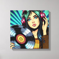 Cool Pop Art Comic Style Girl avec Album de Vinyl