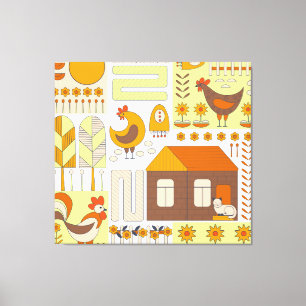 Toile Coq, poules, dessin floral géométrique.