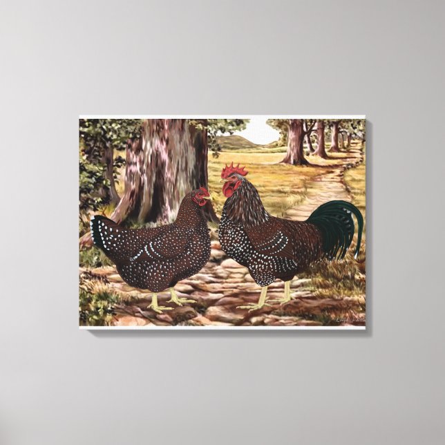 Toile Coq Sussex et poule en milieu boisé (Recto)