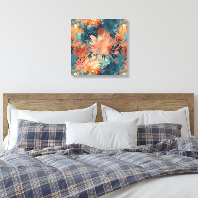 Toile Corail brillant et Turquoise Floral Abstrait (Insitu(Chambre))